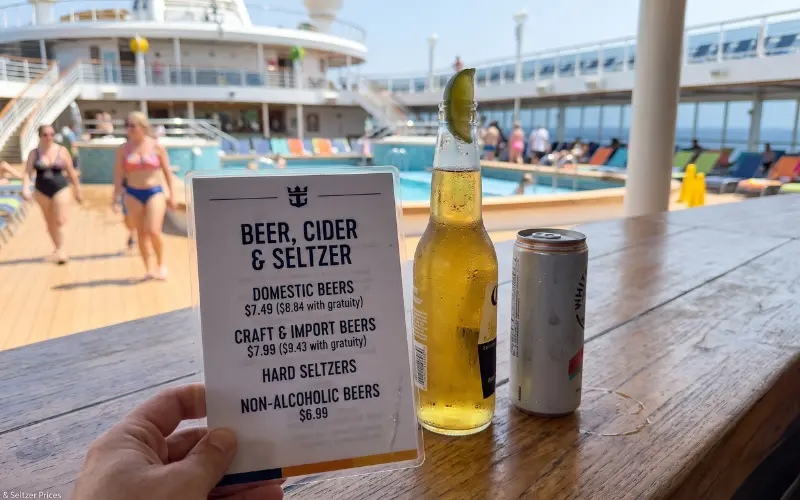 royal caribbean beer, cider and seltzer prices menu with beer at $7.49 to $7.99