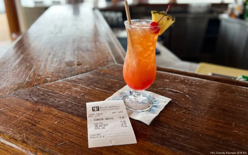 royal caribbean 18% drink gratuity example showing $14 cocktail costs $16.52