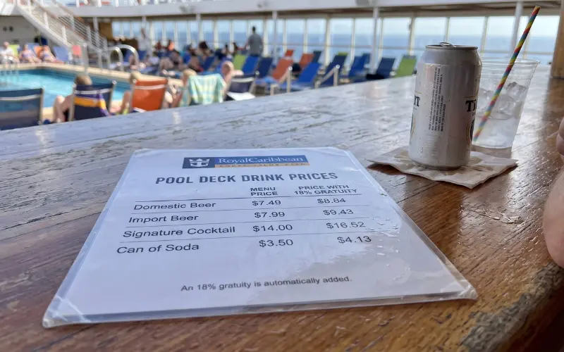 royal caribbean drink price list with menu prices and prices after 18% gratuity