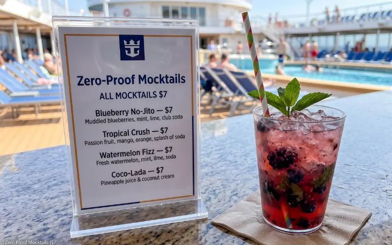 royal caribbean zero proof mocktail menu with non alcoholic drinks priced at $7