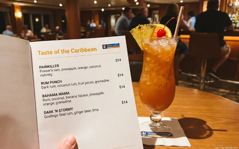 royal caribbean taste of the caribbean cocktail menu with rum drinks priced at $14